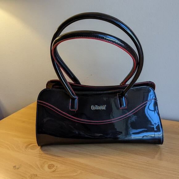 Collectif London 1950s Inspired Black Patent Leather Top Handle Barrel Bag Purse - Picture 7 of 12